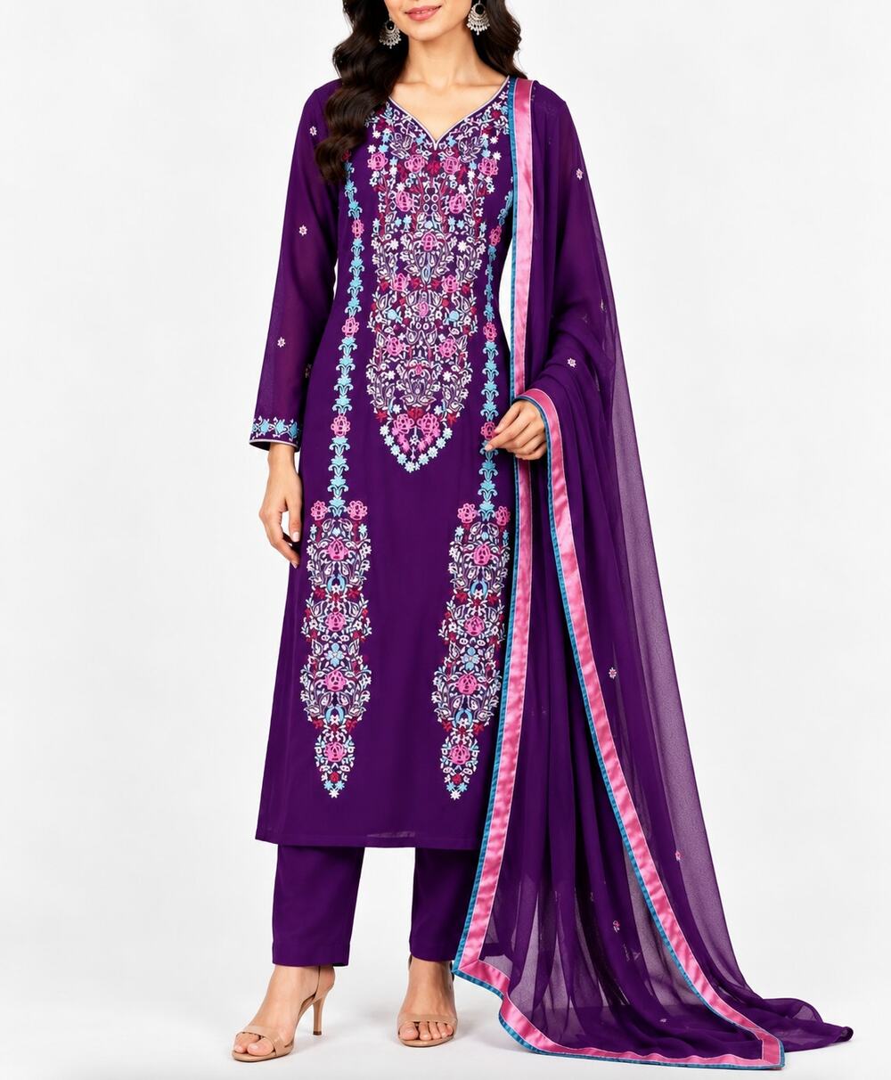 Indian Pakistani Purple Floral Embroidered Salwar Kameez 3 Piece Suit XS Wedding